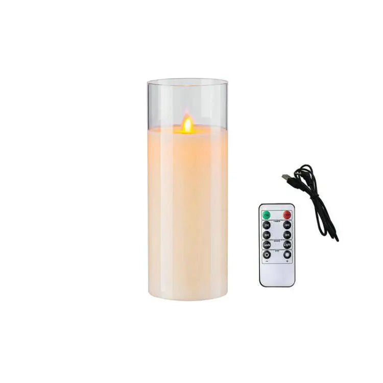 USB Recharge Dancing wick Pillar candle Lamp Paraffin Wax Electric LED Glass Candle w/Remote control Home Party table Decoration