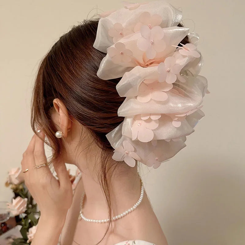 Summer Sweet Multi-layer Mesh Tulle Big Bow Hair Claw Clips for Women Elegant Bowknot Ponytail clip New Headdress Accessories