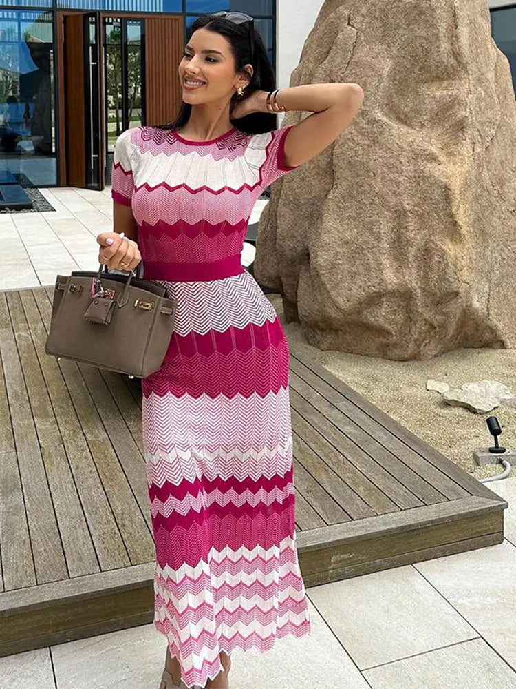 Women Contrast Knitted Slim Maxi Dress Fashion Round Neck Short Sleeve Dresses 2024 Autumn Elegant Lady Vacation Street Vestido