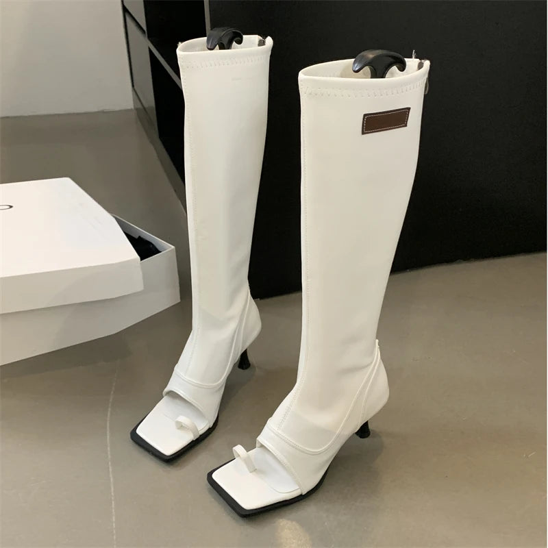 Eilyken Fashion Street Style Women's Boots Sandals Square Peep Toe Low Heel Knee-High Hollow Out Spring Autumn Shoes