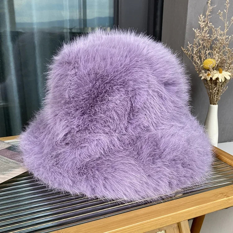 2024 Fluffy Faux Fur Bucket Hats Women Rabbit Fur Warm Thick Plush Winter Hat Lady Fashion Luxury Panama Furry Fisherman Cap Y2k