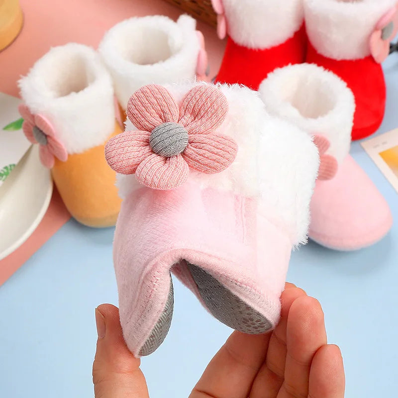 Lovely Flower Winter Snow Baby Boots 7-Colors Warm Fluff Balls Indoor Cottton Soft Rubber Sole Infant Newborn Toddler Baby Shoes