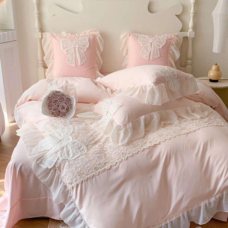 Princess Bedding Set Coquette Lace Bow  Beauty Solid Color Lace Ruffle Comforter Sets Luxury Girls Wedding  Duvet Cover