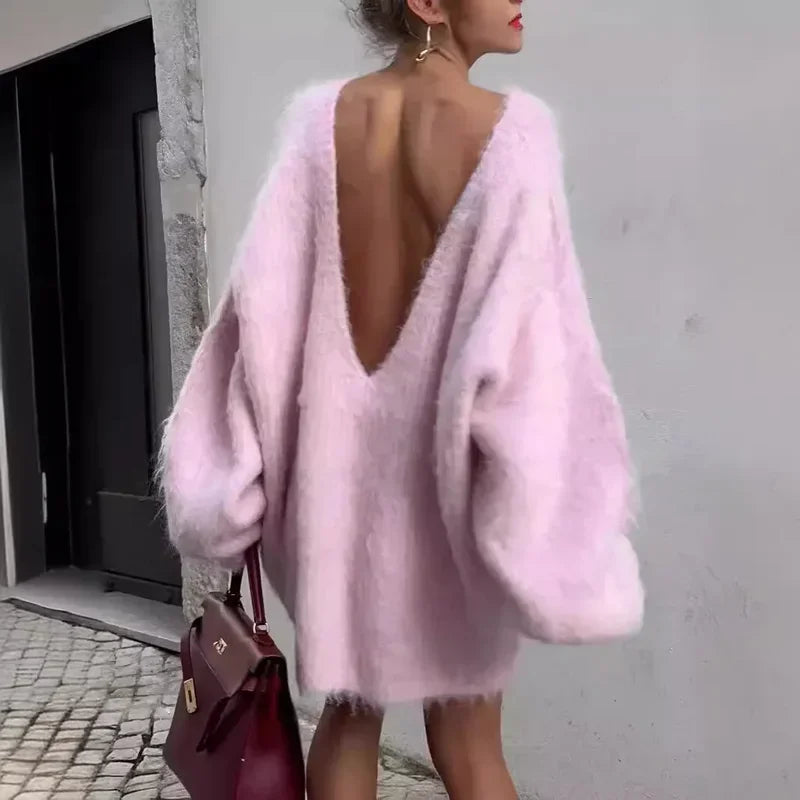 Autumn New Mohair Women Pink Sweaters Fashion Backless Lantern Sleeves Loose Knitwear Tops 2024 High Street Pullover Dress