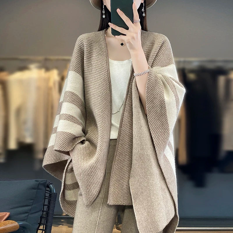 2024 Autumn/Winter New Striped Shawl Women's Sweater V-neck Jumper Knitted Sweater Holiday Retro Cape Sleeve Warm Big Shawl