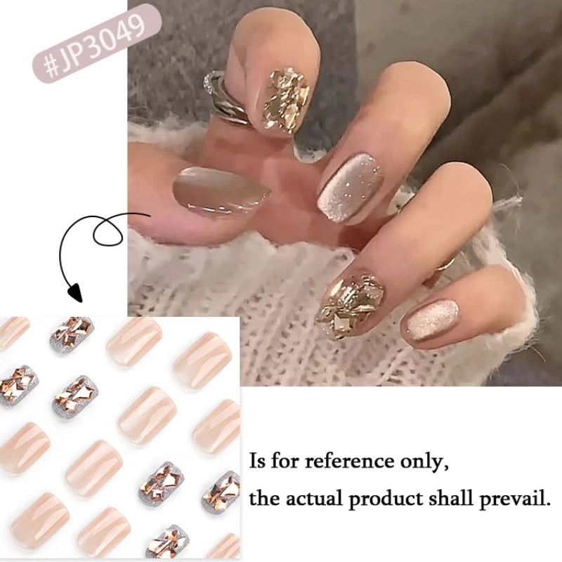 Nude Pink Glitter Cat Eye Nail Art Wearable Solid Color Fake Nails Detachable Finished False Nails Press on Nails with Glue