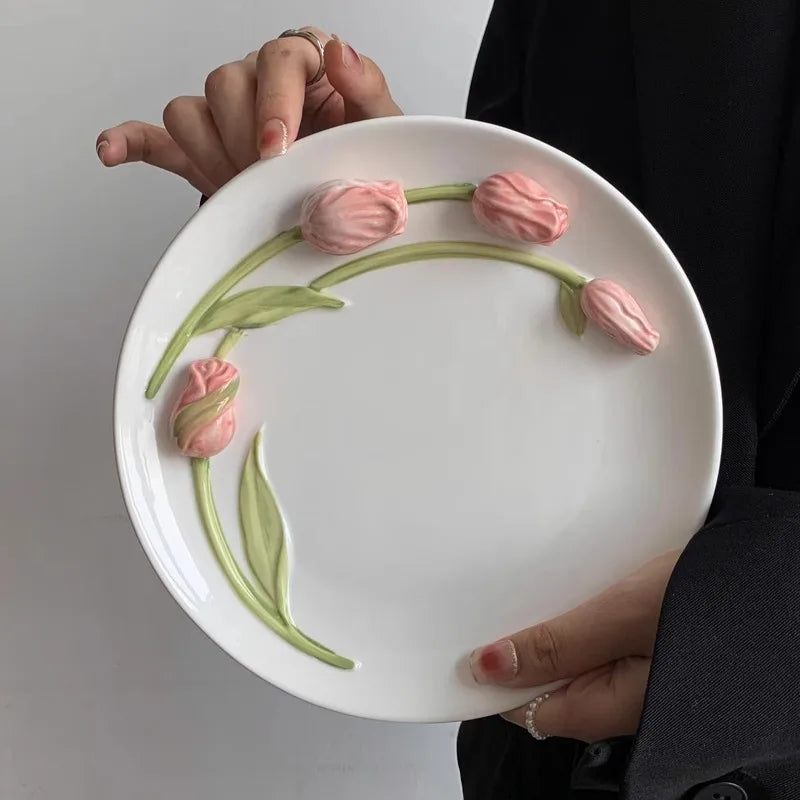 European Relief Ceramic Tulip Cup Afternoon Tea Dessert Pastry Tea Cup Painted Flowers Coffee Mug Couple's Water Cup Café Teapot