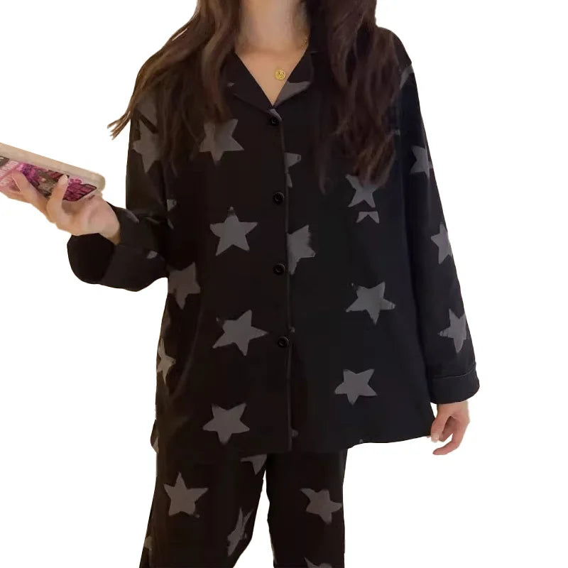 Korean Pajamas Women's Spring and Summer New Long-sleeved Black Star Full Print Loungewear Set Pijamas Women Lingerie Sleepwear