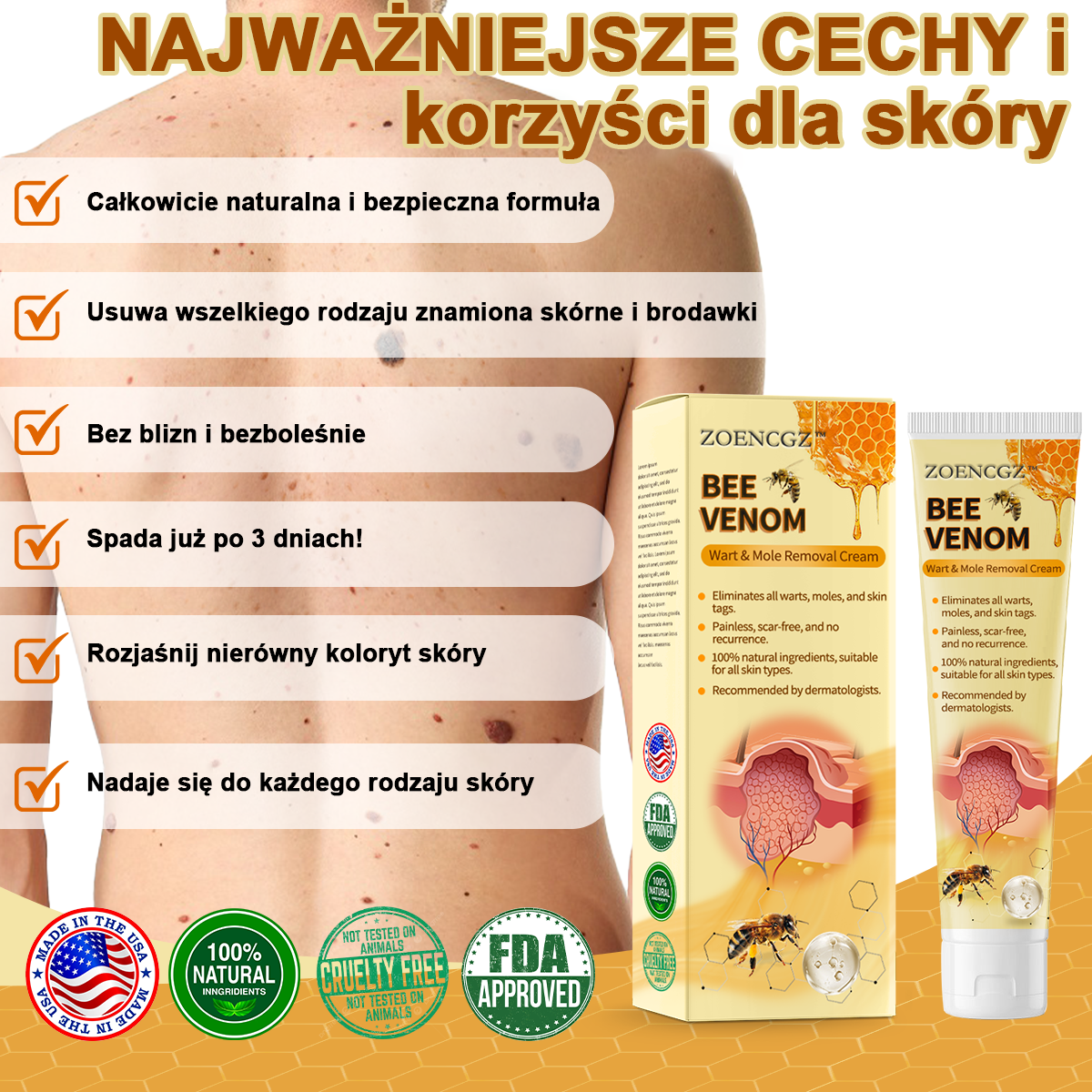 👨‍⚕️👨‍⚕️[✨Oficjalny sklep marki✨] Krem na pieprzyki i brodawki Zoencgz™ z jadem pszczelim (👨‍⚕AAD POLECA)