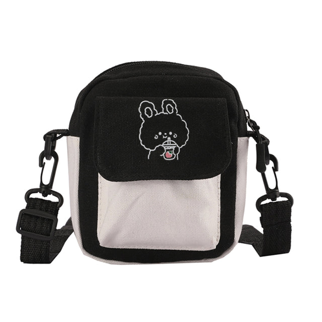 Women Cartoon Print Shoulder Bag Cute Canvas Bag Contrast Color Crossbody Girls Kawaii Phone Purses Ladies Small Square Handbag