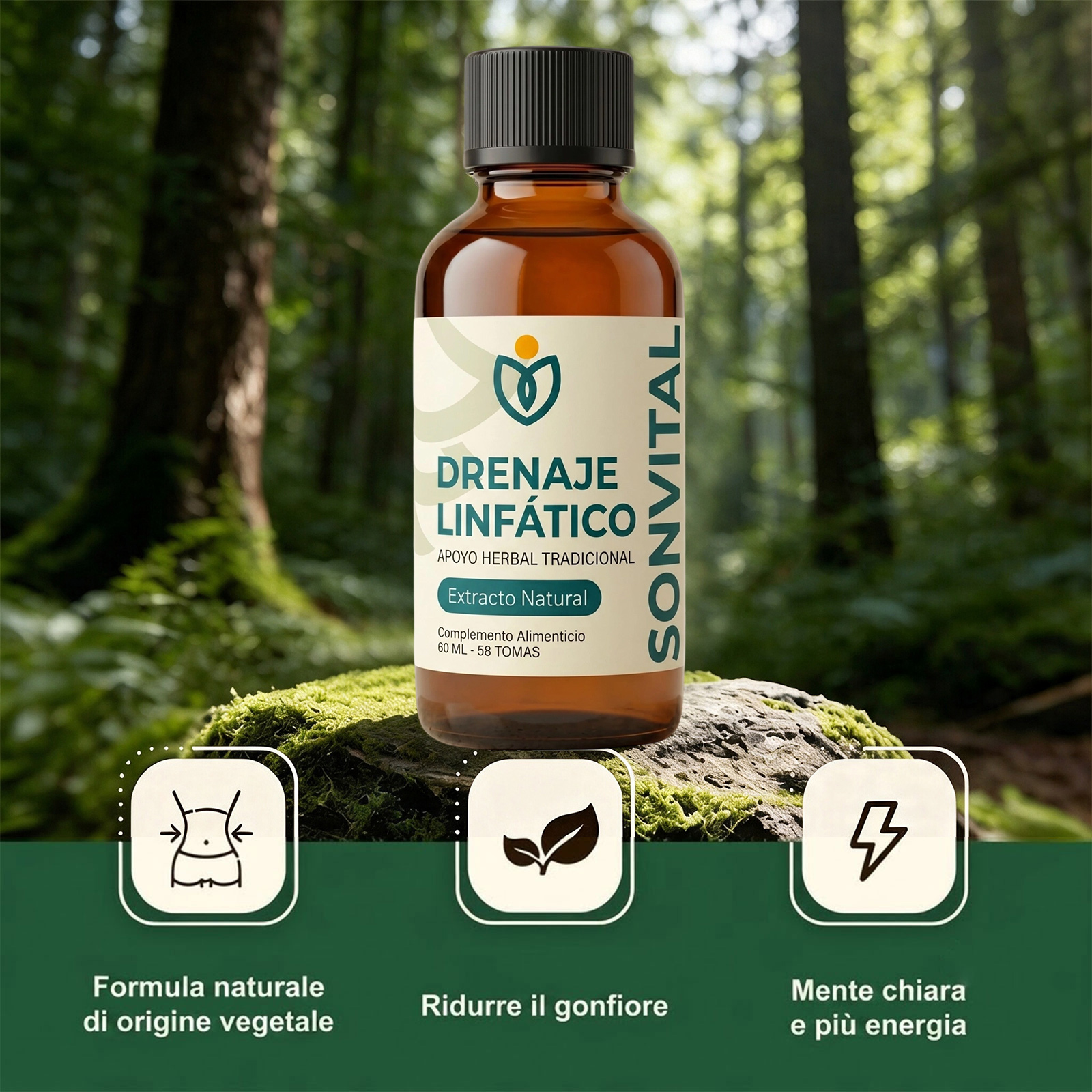 Sonvital Drenaje Linfático Gotas - 60ml Gotas de Drenaje Linfatico para Piernas y Abdomen, Naturales a Base de Hierbas, Sin gluten, para hombres y mujeres