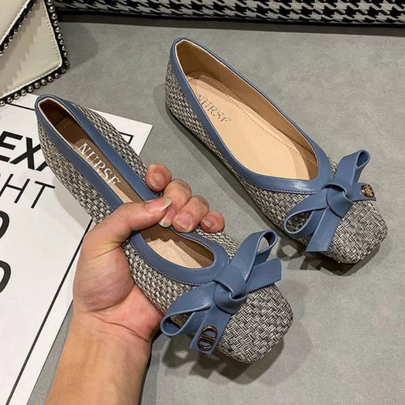 Women's Shoes 2024 New Woven Bow Square Toe Women's Ballet Flats Female Soft Sole Large Fashion Women's Shoes Chaussure Femme