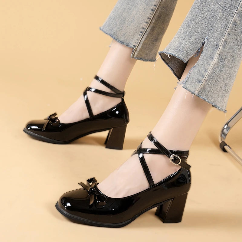 Black Mary Jane Women Pumps Thick High Heels Shoes Female Lolita Square Toe Shoes Spring Fashion Party Leather Woman Shoes New