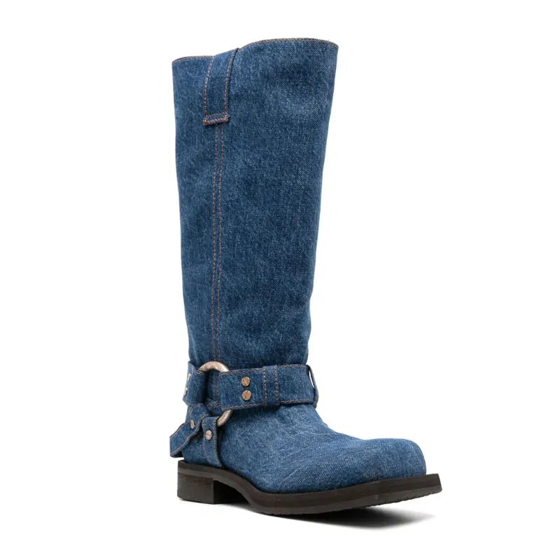 Blue Denim Riveted Women Motorcycle Boots Belt Buckle Design 3.5cm Thick Heel Knight Knee High Boots European American Style 44