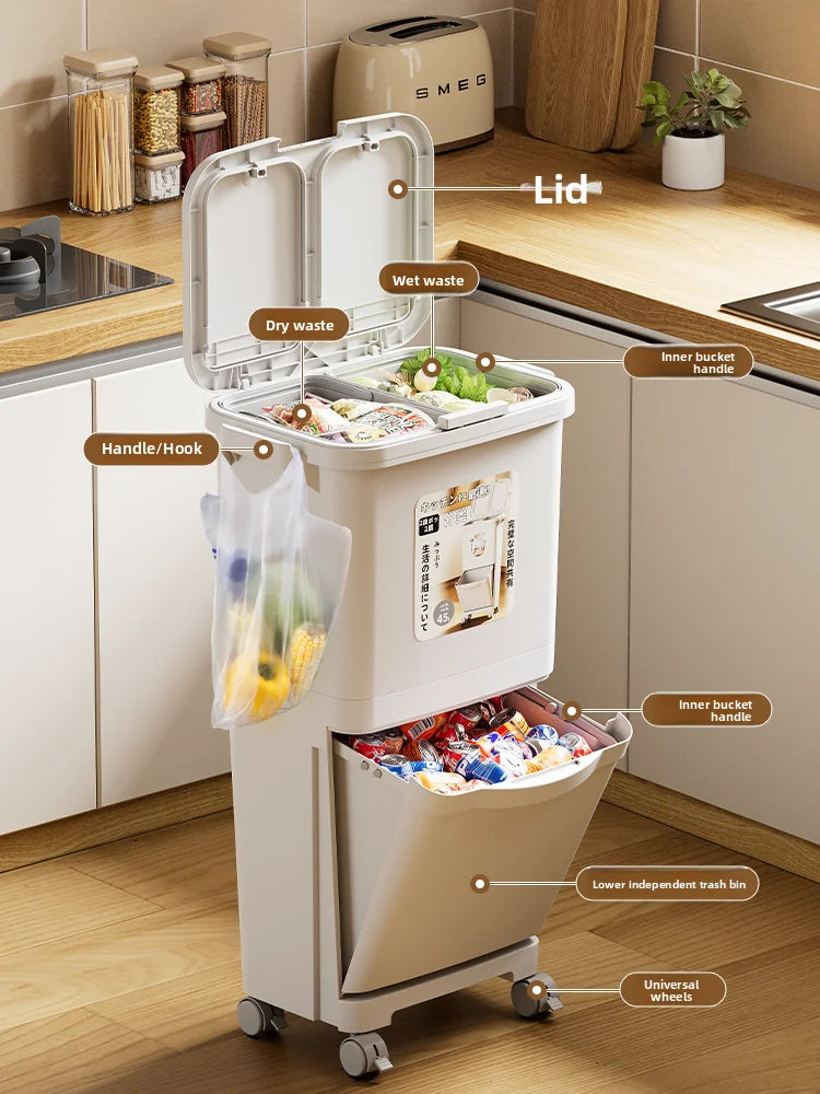Kitchen Tra Can Large Capaci Double Layer Pr pe with Cover Easy to Move No Bending over Garbage Can for Household Use