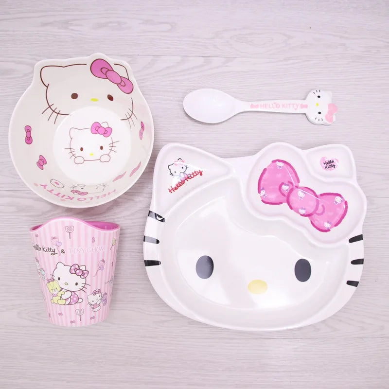 Sanrio Kawaii Hello Kitty Cat Face Plate Child Cutlery Set Bowl Chopsticks Spoon Fall Resistance Have A Meal 2-14 Years Old Cute