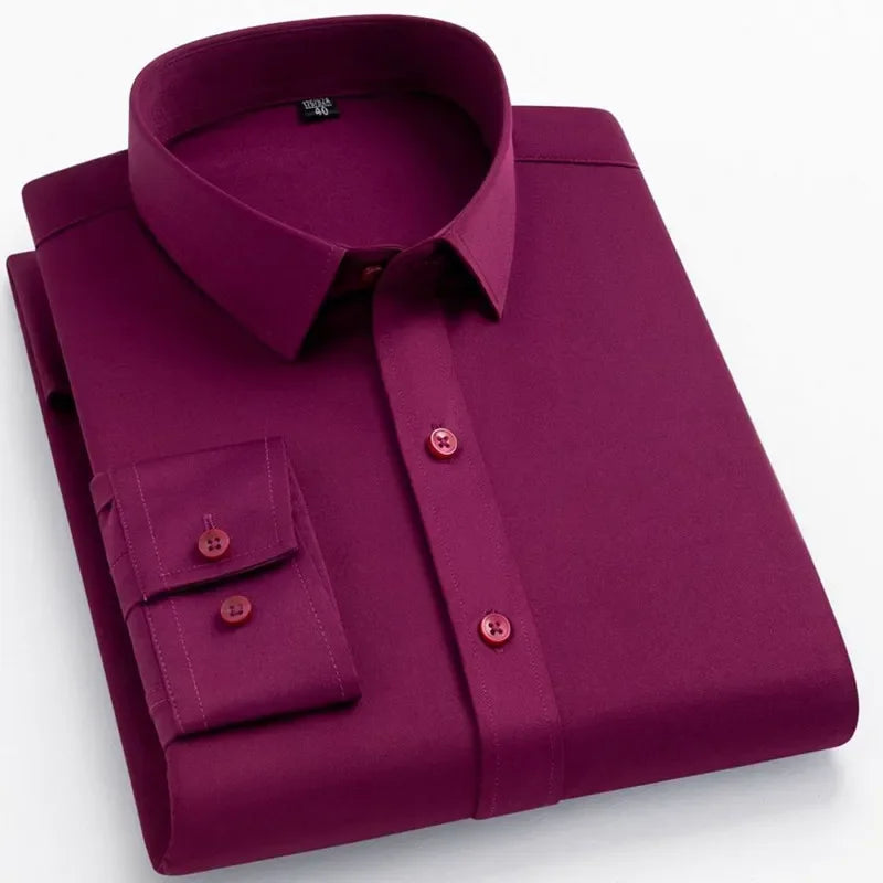 Men's Long Sleeve Fashion Shirt Designer Style Business Elastic Wrinkle Resistant Soft Comfortable Classic Solid Color Purple