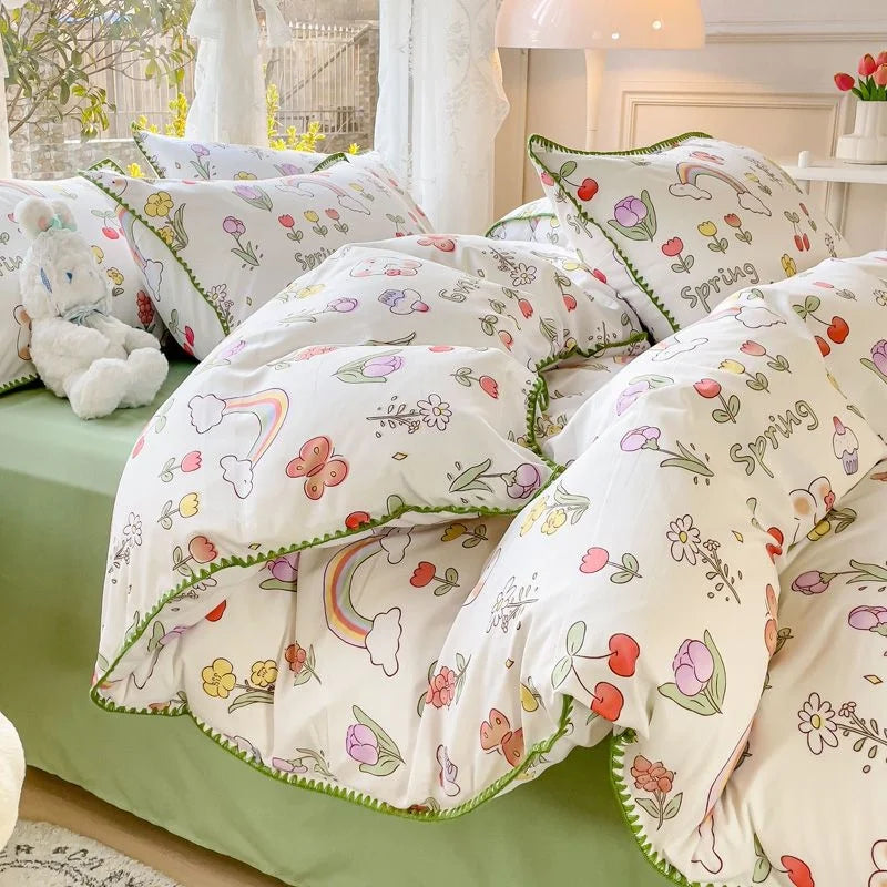 Pastoral Girls Flower Bedding Sets, Washed Cotton Bed Linens, Soft Quilt Cover Sheet Set, Simple Bedspread, Home Textiles