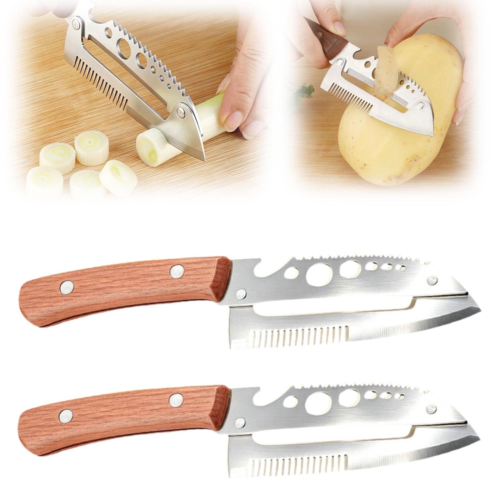 Multifunctional Vegetable Peeler 7-in-1,Kitchen Tool with Wooden Handle, Built-in Knife for Cutting, Peeling, Scaling, Grating & Bottle Opener(2PCS)
