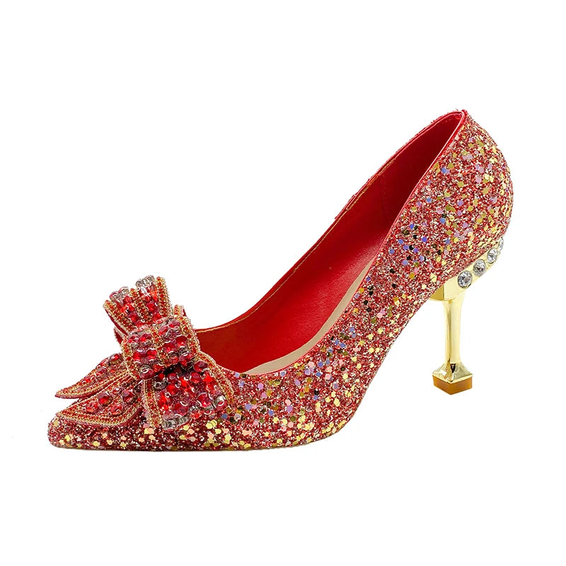 Fad Crystal High Heels Shoes Sweet Bow Mary Jane Sandals Women 2024 New Autumn Sexy Dress Party Pumps Shallow Lolita Mujer Shoes