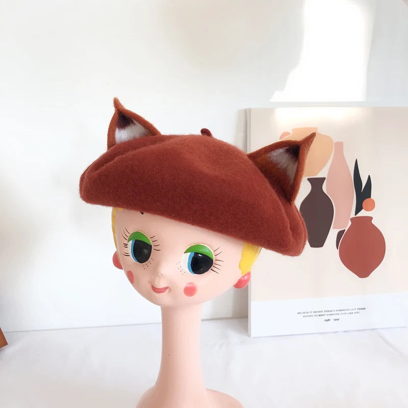 Women Winter Nick Fox Ear Beret Handmade Adult Size Hat Vintage Painter Wool Cap Gift High Quality Wholesale