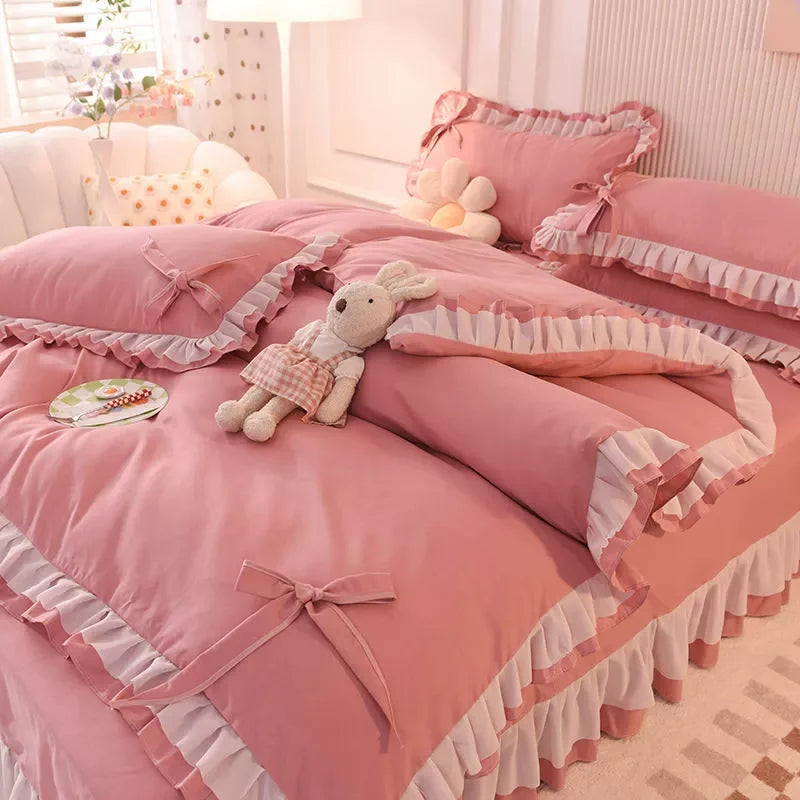 Purple Bedding Sets Kawaii Seersucker Bed Sheet Pillowcase Fashion Girl Princess Duvet Cover 4 Pieces Cute Home Decoration