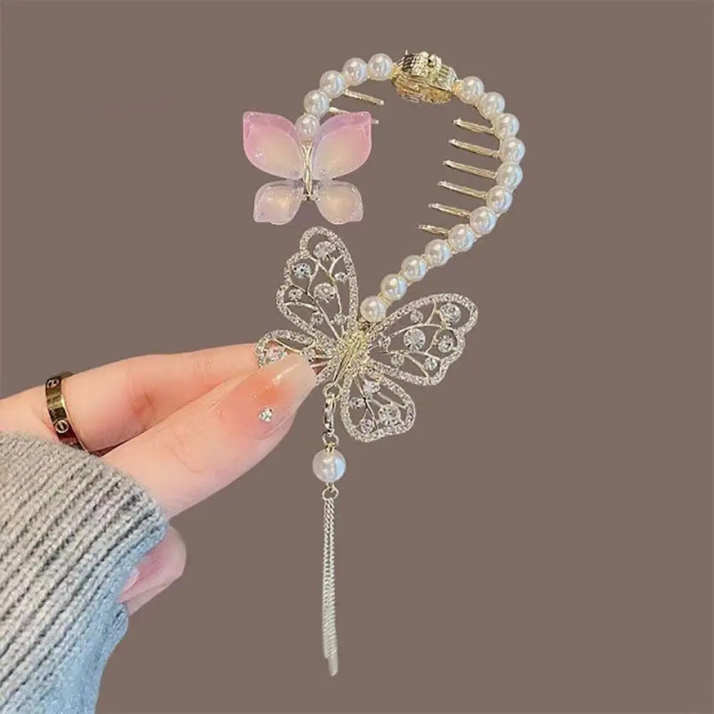 Elegant Retro Meatball Hair Clasp Clip Floristic Pearl Chain Tassels Hair Claw Ponytail Hairpins Women