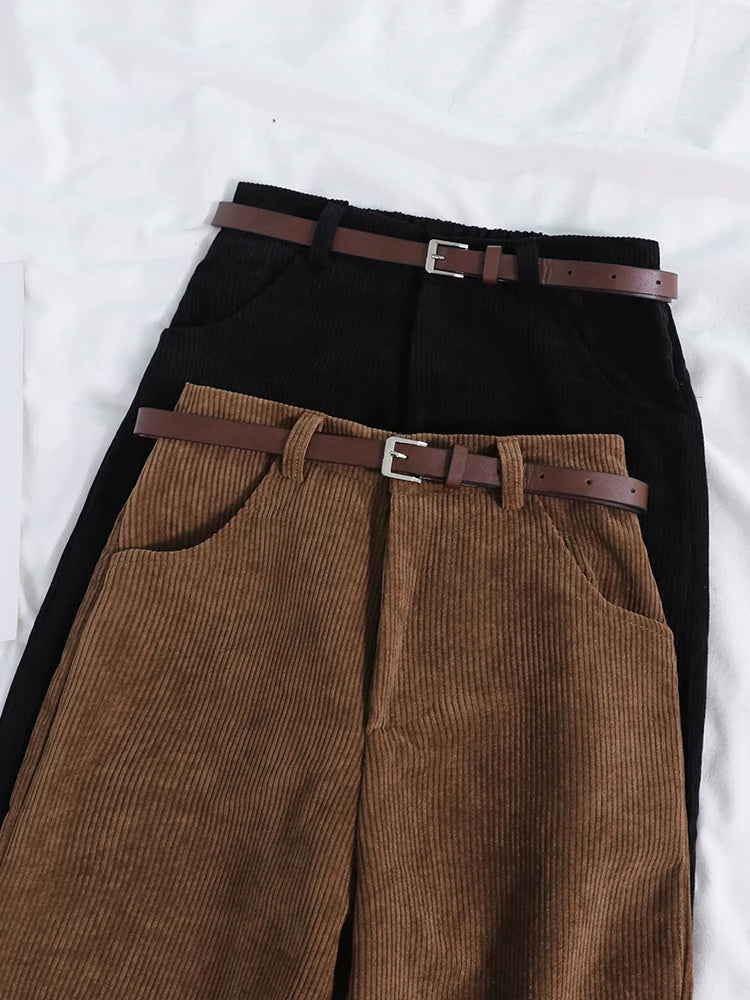 Women Spring Corduroy Pants High Waist Autumn Vintage Korean Casual Wide Leg Pants Elegant Belt Loose Cotton Streetwear