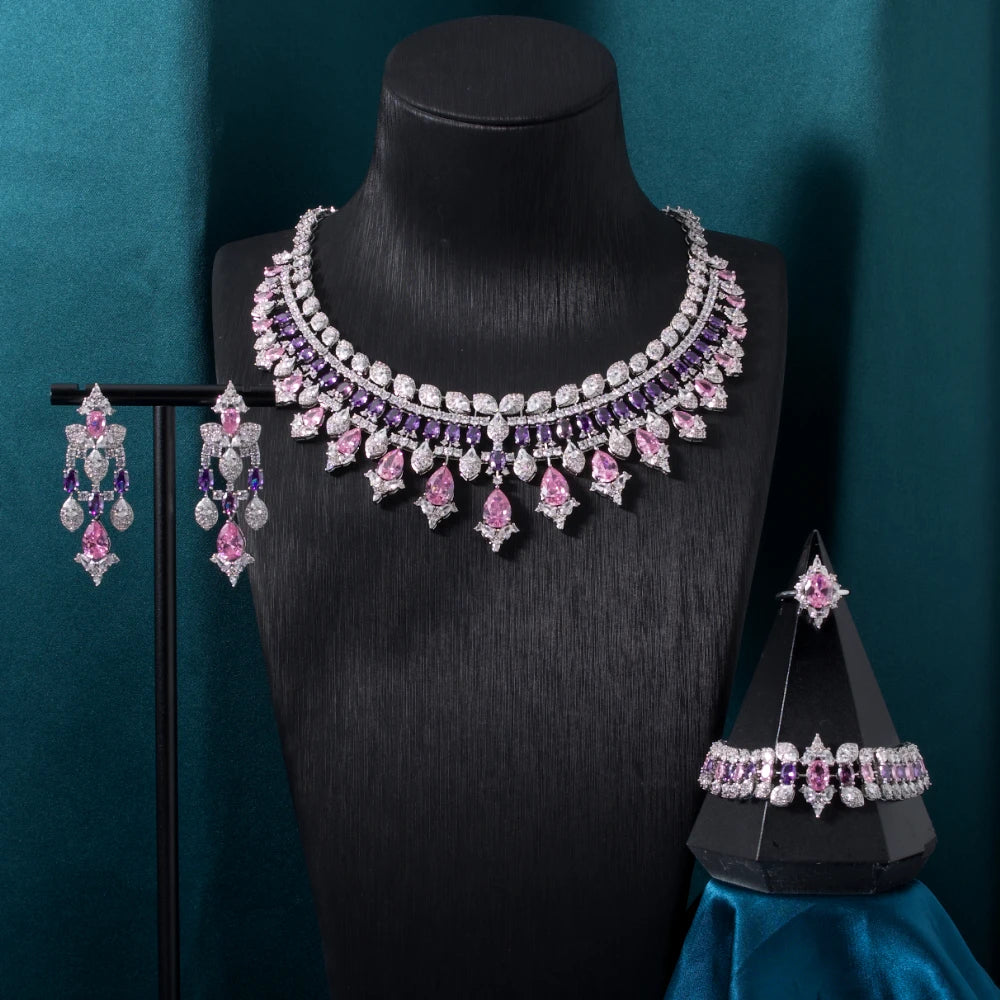 New Accessories Colorful Cubic Zircon Jewelry Sets for Women Luxury Bridal Wed Jewellery Necklace Set