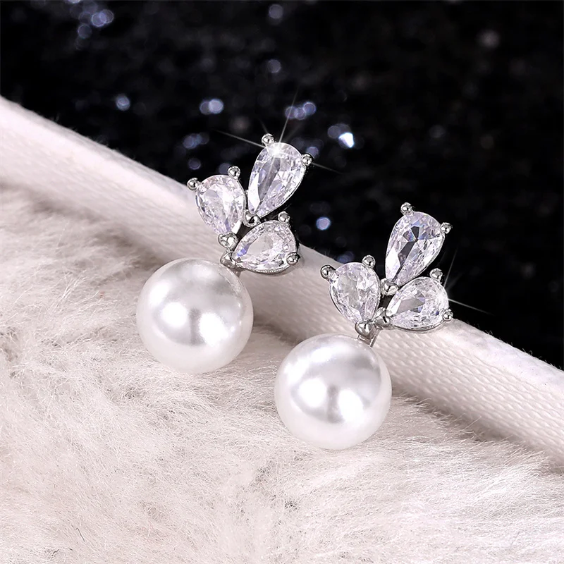 Huitan Dainty Simulated Pearl Earrings for Women with Shiny Cubic Zirconia Delicate Female Earrings Elegant Daily Wear Jewelry