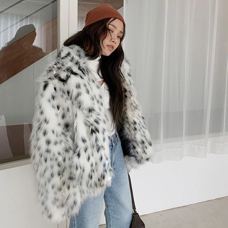 Fashion casual lady fur coat fox fur coat medium long suit collar leopard print fur fur coat Korean version of jacket