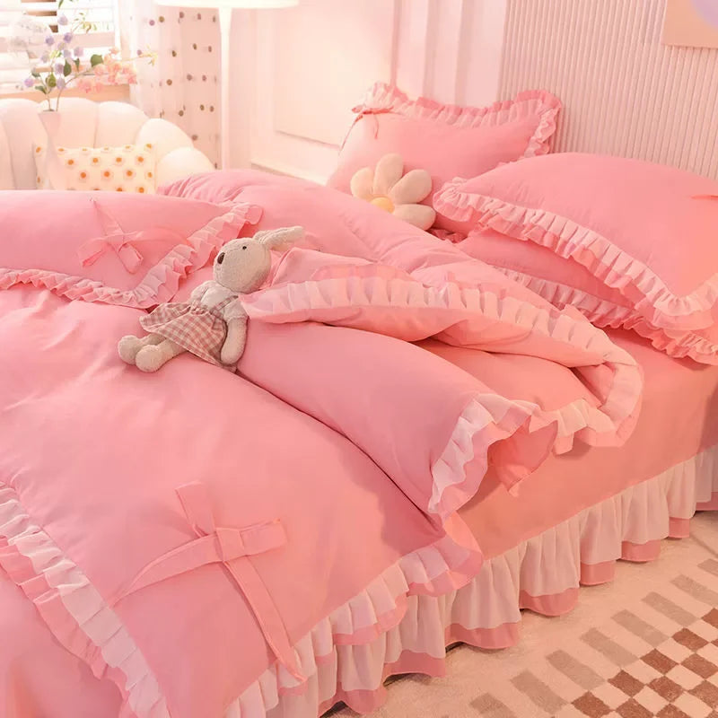 Purple Bedding Sets Kawaii Seersucker Bed Sheet Pillowcase Fashion Girl Princess Duvet Cover 4 Pieces Cute Home Decoration