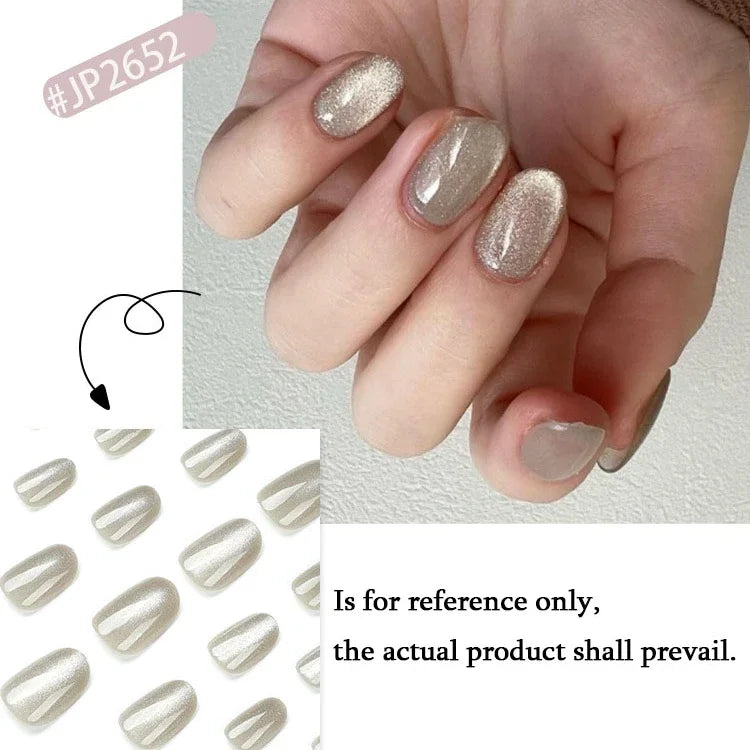 Nude Pink Glitter Cat Eye Nail Art Wearable Solid Color Fake Nails Detachable Finished False Nails Press on Nails with Glue