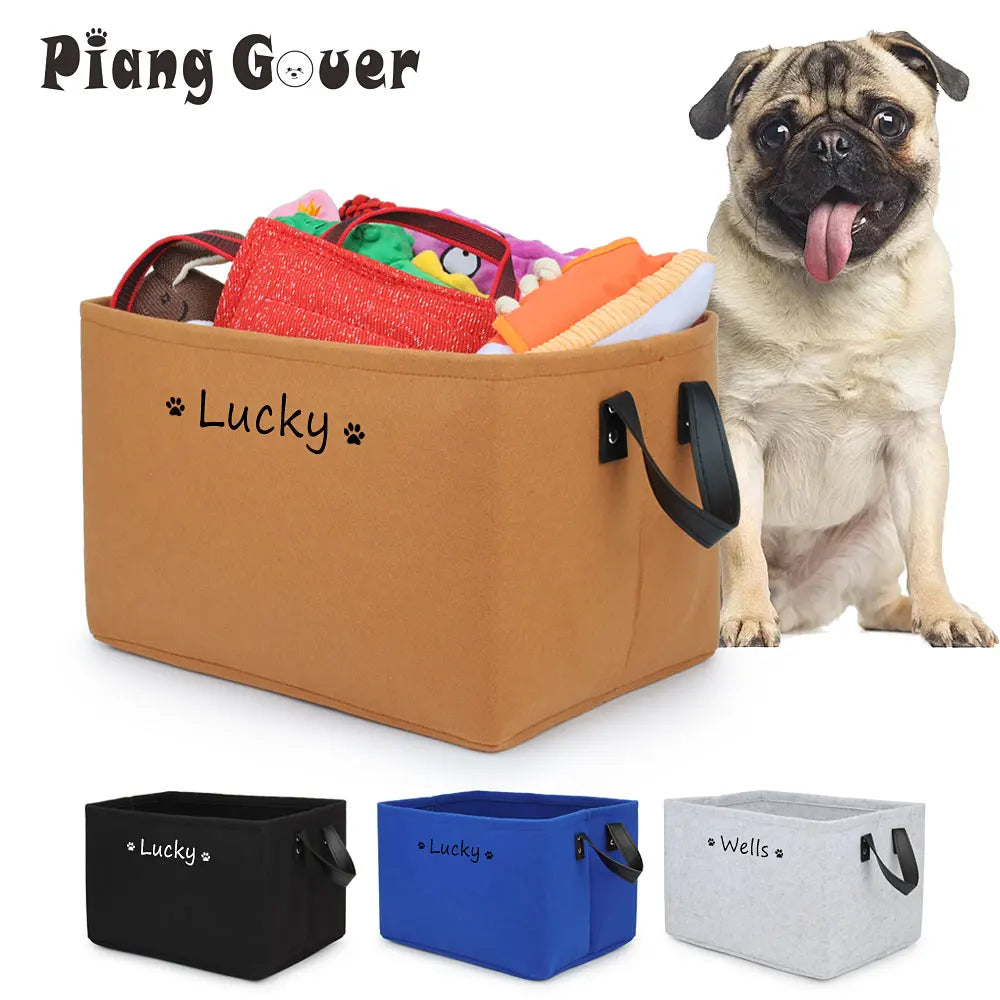 Personalized Pet Toy Storage Basket Felt Cat Dog Toys Storage Box Custom Name Tag Dogs Cloth Home Organize Tool