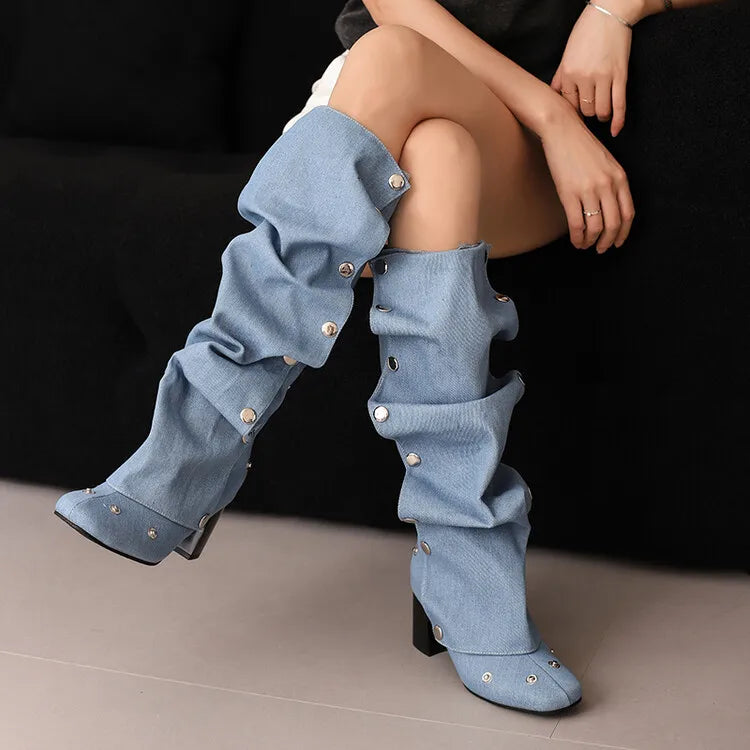 2024 Denim Square Toe Boots Detachable Rivets 7cm Thick Heel and Knee Length Boots Winter Side Zipper Brown Trendy Boots 35-45