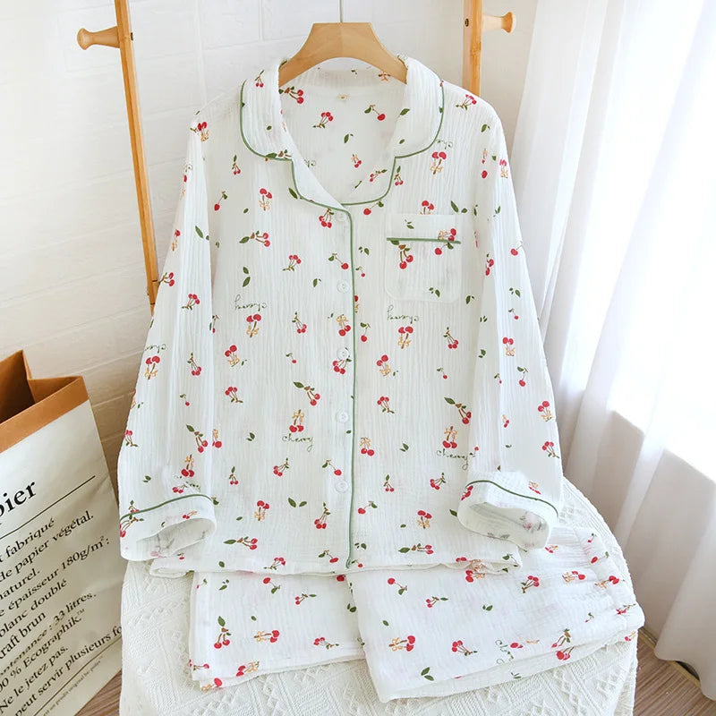 2024 New Summer Autumn Women Pajamas 100% Cotton Gauze Cherry Print Sleepwear Female 2 Piece Set Nightwear Pyjamas Loungewear