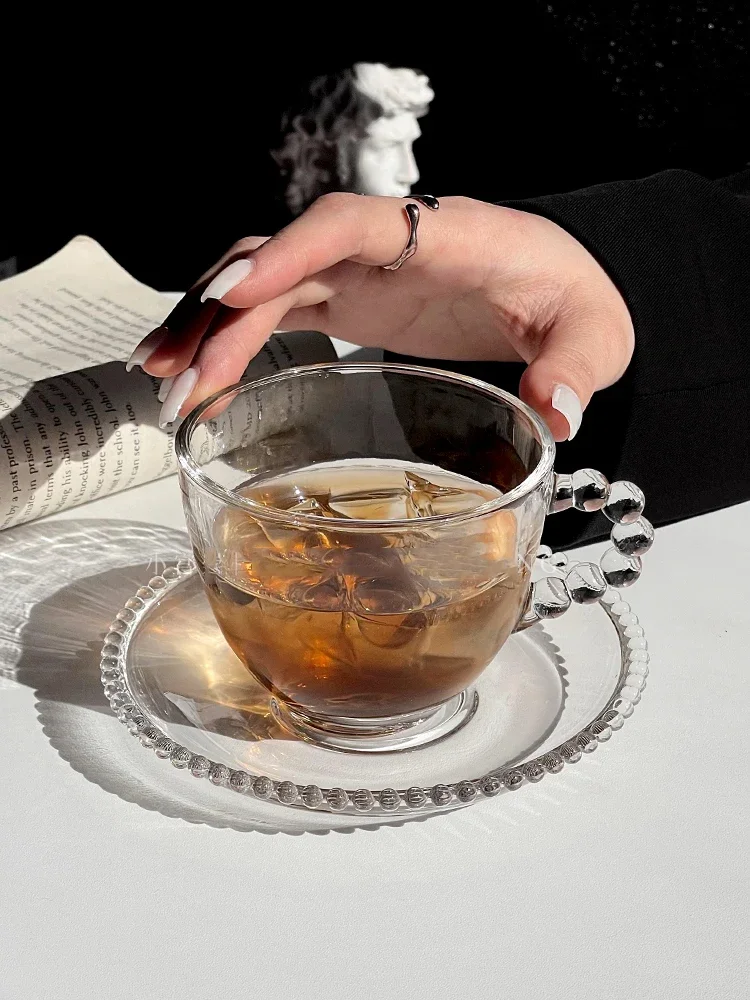 Retro French Glass Coffee Cup and Saucer Household Creative Afternoon Tea Teacup Beads Handle Breakfast Milk Cup Saucer Sets New