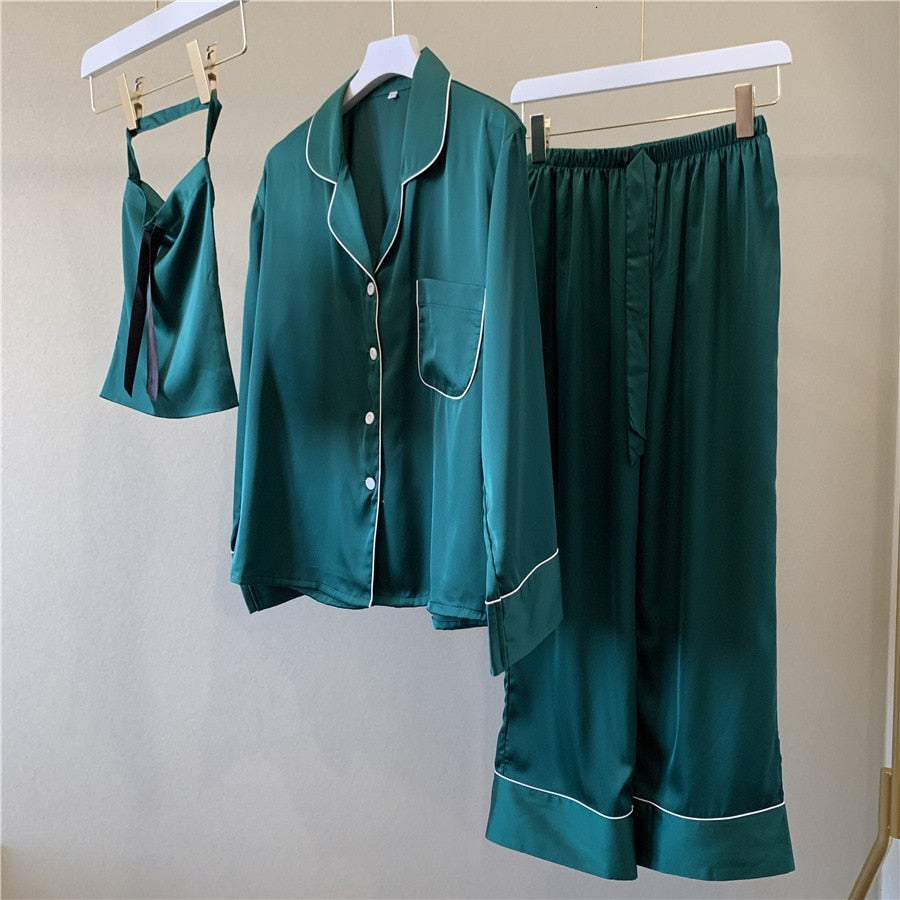 Pure Color Woman Long Sleeve Stain Pajama Set Satin Soft Fashion Pajamas