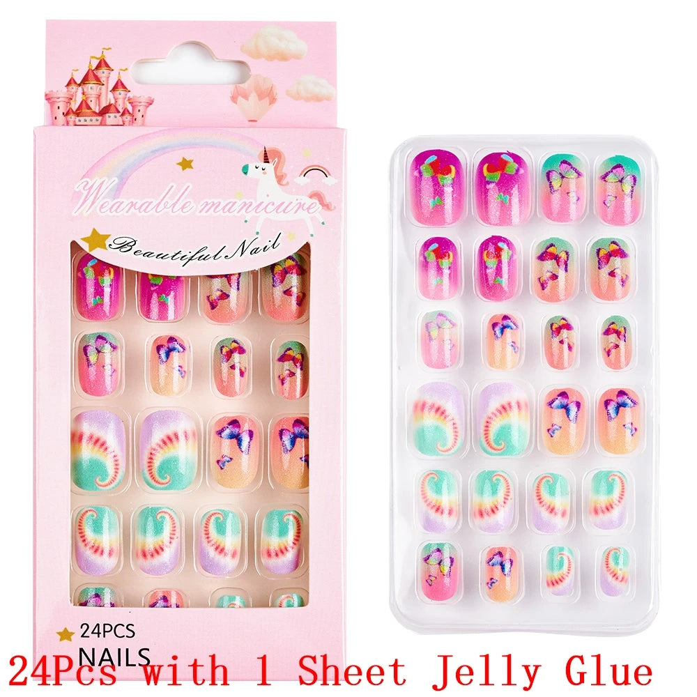 12pcs/Box Children Acrylic Fake Nails Safe Non-Toxic Adhesive Fake Nail DIY Artificial Fingernails for Girls Children's Day Gift