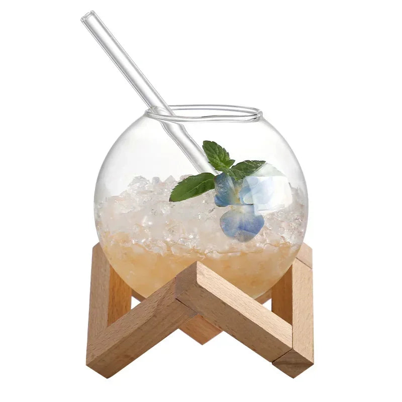 Cocktail Glass Cup with Wood Stand Creative Lunar Round Shape Drink Cup with Straw Christmas Cups Iced Coffee Cups Drinkware