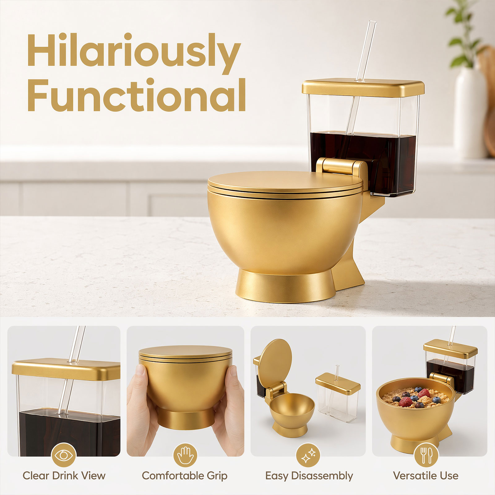 Toilet Ramen Bowl And Drink, 2026 New Funny Toilet Shaped Ramen Bowl and Drink Cup Combo, Large Golden Toilet Soup Bowl for Instant Noodles, Hilarious Snack and Drink Cup Set