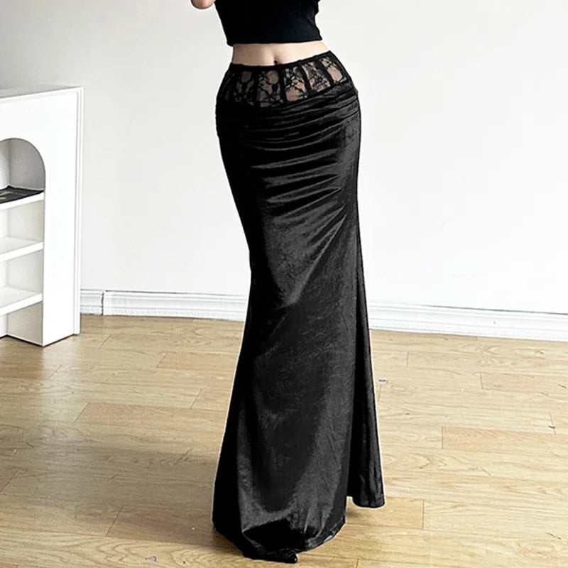 Goth Dark Elegant Mall Gothic Velvet Trumpet Skirts Y2k Partywear Lace Patchwork Sexy Long Skirt Ladies Evening Black Slim Cloth