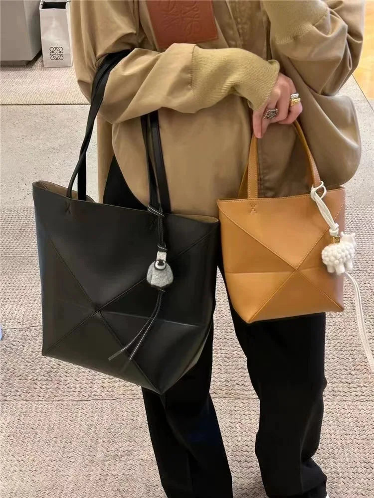 2023 New All Cowhide Deformation Geometry Tote Bag Single Shoulder Oblique Straddle Handheld Women's Bag with Large Capacity