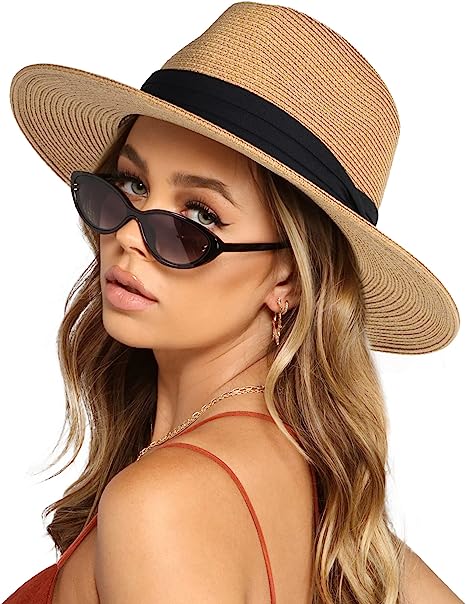 LUCKYSONG Womens Mens Wide Brim Straw Panama Hat Summer Beach Sun Hat Straw Hat for Women