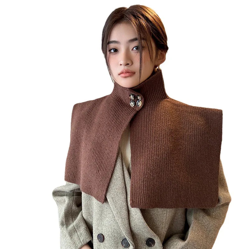 Poncho Cloak Button Solid Color Knitted Outer Layer Shawl Women's Autumn and Winter Shoulder Scarf Fake Collar Cape