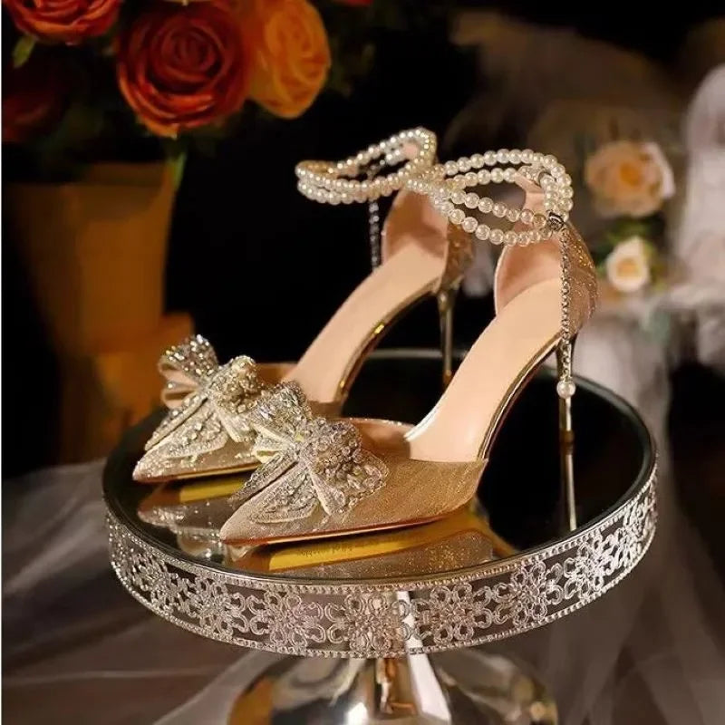 Summer Fashion Pointed Toe Sandals Women's Rhinestone Pearl Butterfly Gold Silver High Heels Party Wedding Plus Size Shoes