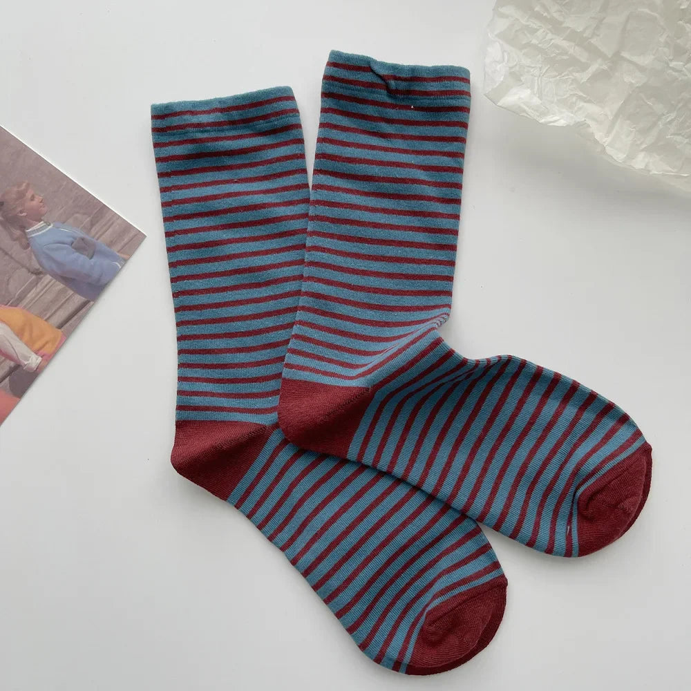 Retro Striped Socks Children's Women Medium Tube Socks Spring and Autumn Cotton Stockings Korean Stockings Japanese Socken