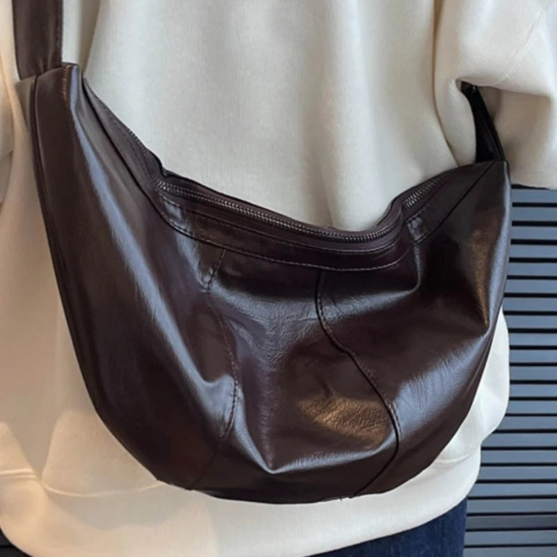 Women's Large Banana Crossbody Bag Aesthetic Coffee Lacquer Large Female Handbag Oil Wax Leather Lovers' Half Moon Shoulder Bags