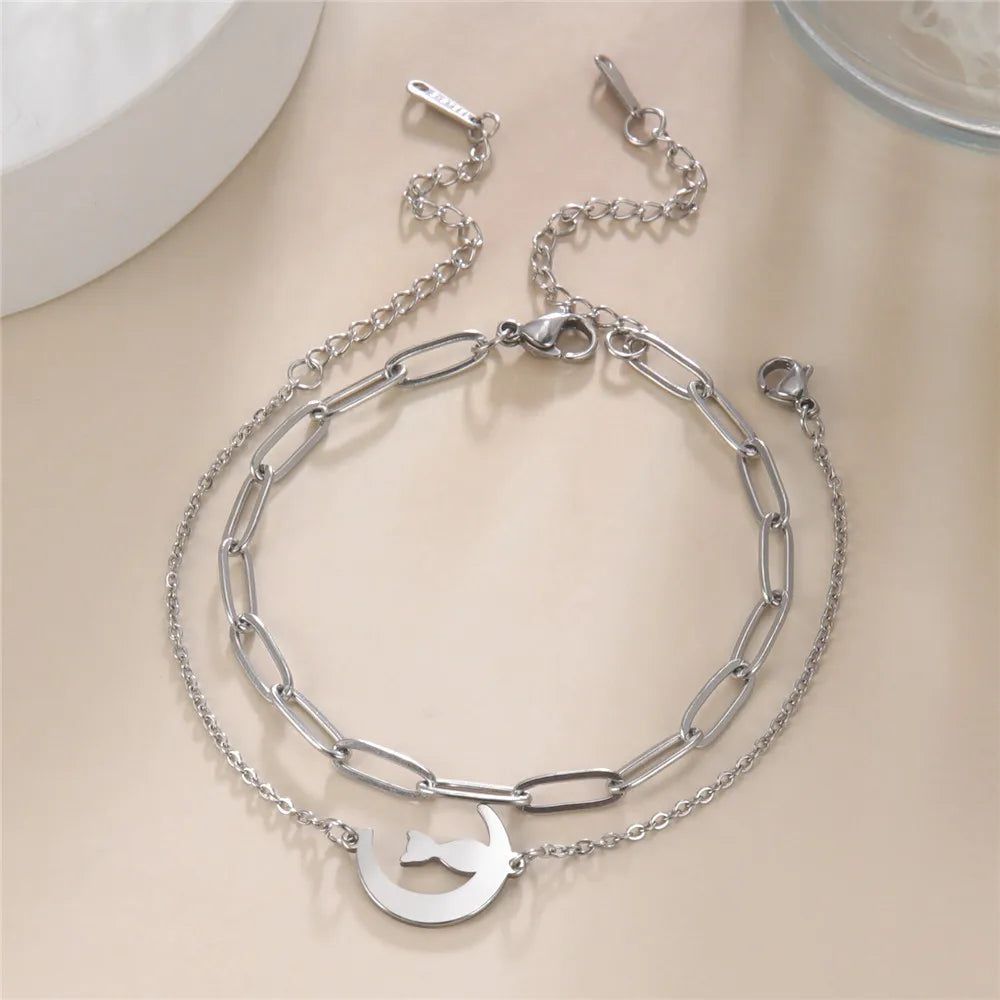 Skyrim Crescent Moon Cute Cat Bracelets on Hand for Women Stainless Steel Charm Bracelets Jewelry Mother's Day Gift Wholesale