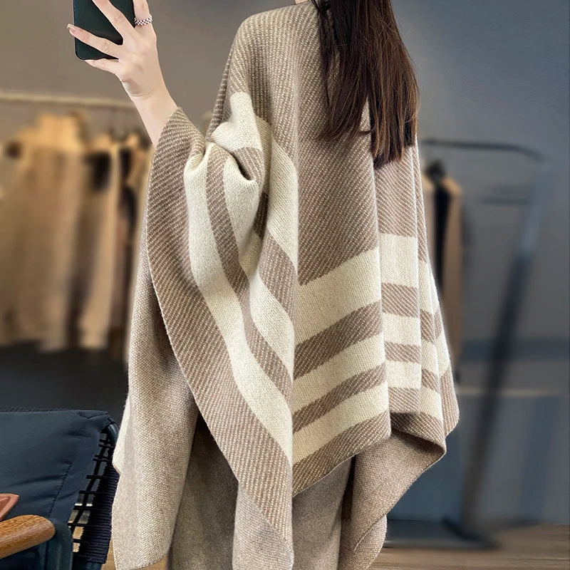 2024 Autumn/Winter New Striped Shawl Women's Sweater V-neck Jumper Knitted Sweater Holiday Retro Cape Sleeve Warm Big Shawl